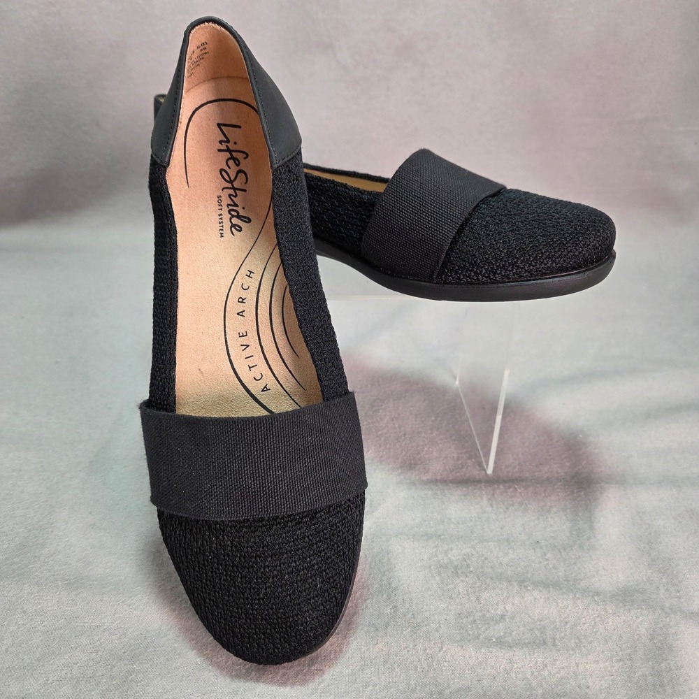 LifeStride Naomi Flats Black Knit Stretch Gore Strap Comfort Professional 8.5M